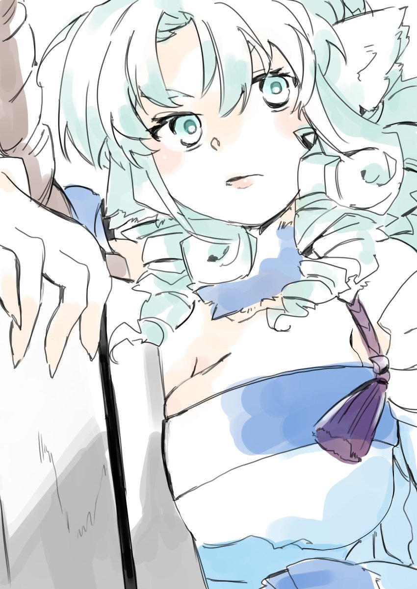 1girl, absurdres, aged_down, animal_ears, aquaplus, blue_eyes, blue_hair, breast_press