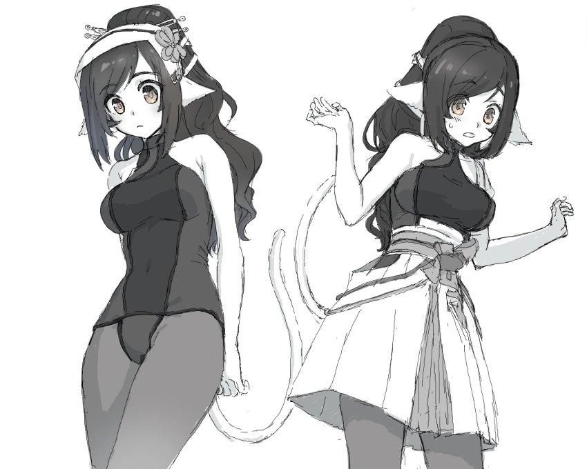 1girl, animal_ears, aquaplus, arms_behind_back, arms_up, bare_shoulders, black_hair, blush