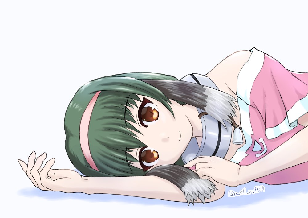 1girl, animal_ears, aquaplus, bare_shoulders, bell, dress, from_side, green_hair