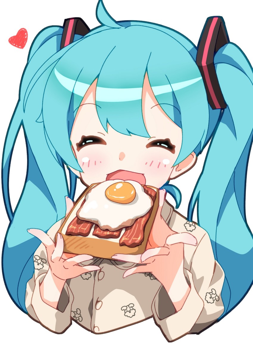 1girl, ahoge, alternate_costume, aqua_hair, bacon, bread, closed_eyes, eating