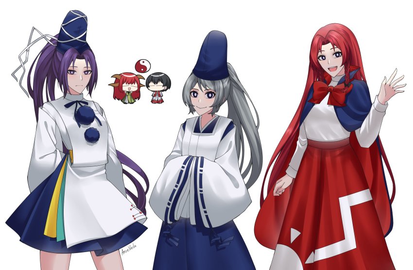 1boy, 4girls, :|, arms_behind_back, aroevela, black_hair, blue_cape, blue_eyes, blue_hakama, blue_pants, blue_ribbon, blue_skirt, breasts, cape, chibi, closed_mouth, commentary_request, cosplay, detached_sleeves, forehead, grey_hair, hakama, hakama_pants, hands_in_opposite_sleeves, hat, hat_ribbon, highres, hong_meiling, hong_meiling_(cosplay), horns, japanese_clothes, kariginu, long_hair, long_skirt, long_sleeves, meira_(touhou), mononobe_no_futo, mononobe_no_futo_(cosplay), multiple_girls, neck_ribbon, pants, pom_pom_(clothes), purple_eyes, purple_hair, red_hair, red_hakama, ribbon, shingyoku_(female)_(touhou), shingyoku_(male)_(touhou), shingyoku_(touhou), shingyoku_(touhou)_(cosplay), shirt, short_hair, simple_background, skirt, small_breasts, smile, sun_print, tabard, tate_eboshi, thighs, touhou, touhou_(pc-98), turtleneck, upper_body, very_long_hair, white_background, white_ribbon, white_shirt, white_tabard, wide_sleeves