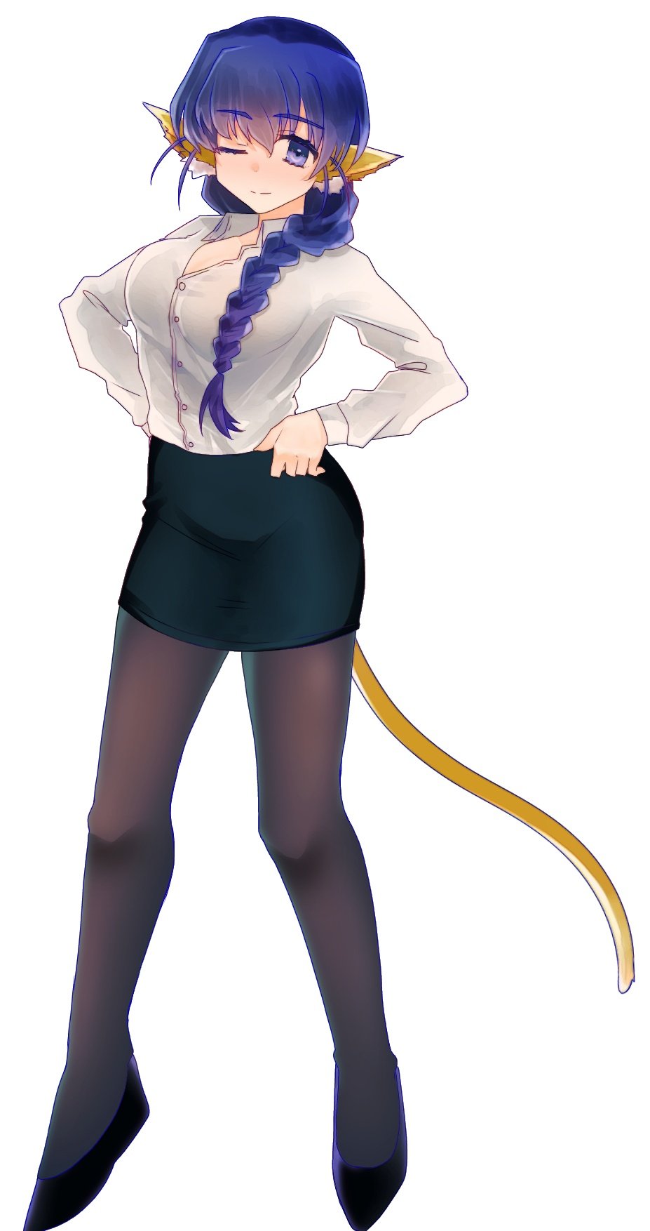 1girl, animal_ears, aquaplus, blue_eyes, blue_hair, braid, breasts, full_body