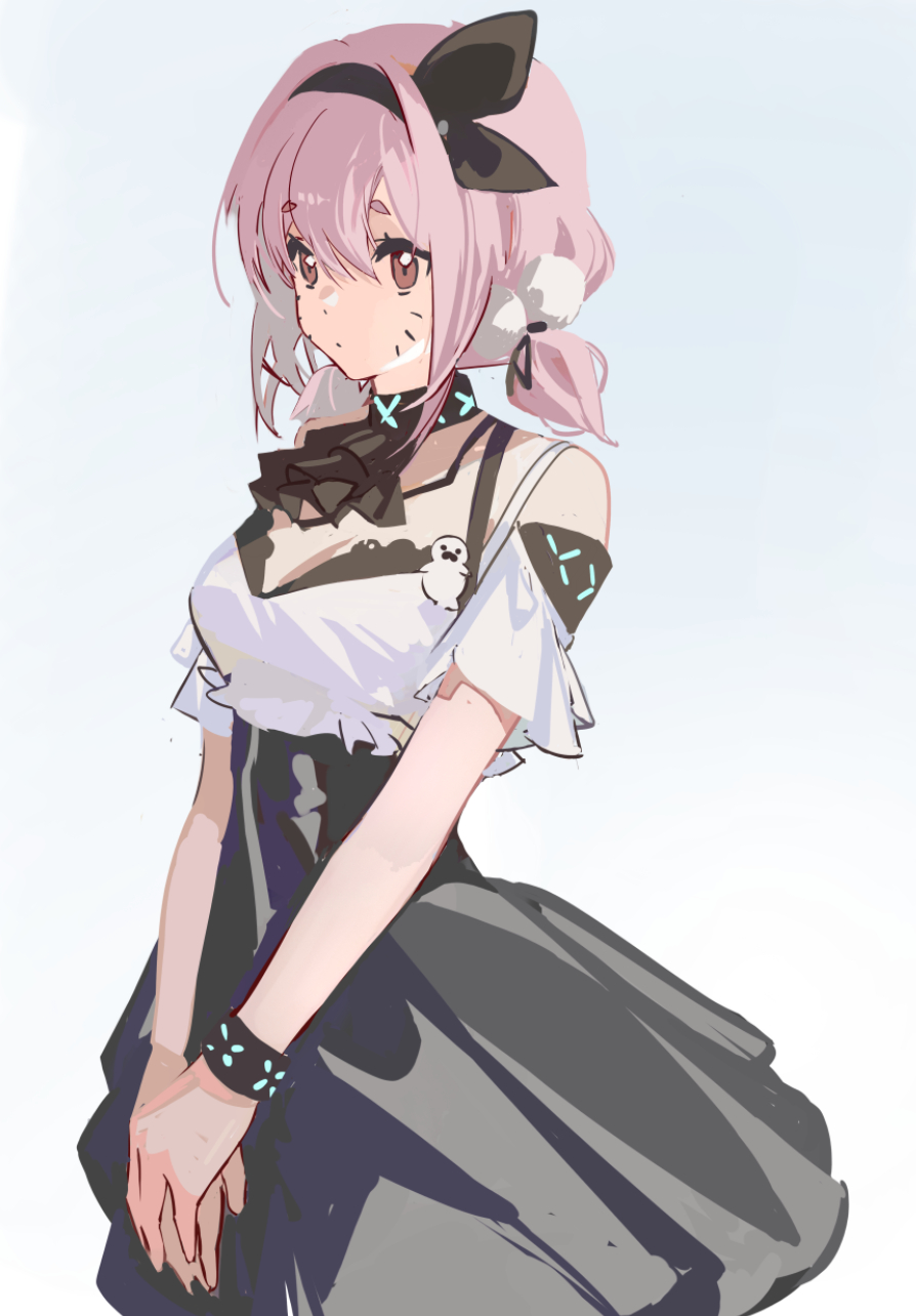 1girl, alternate_costume, arknights, armlet, ascot, black_ascot, black_dress, black_hairband