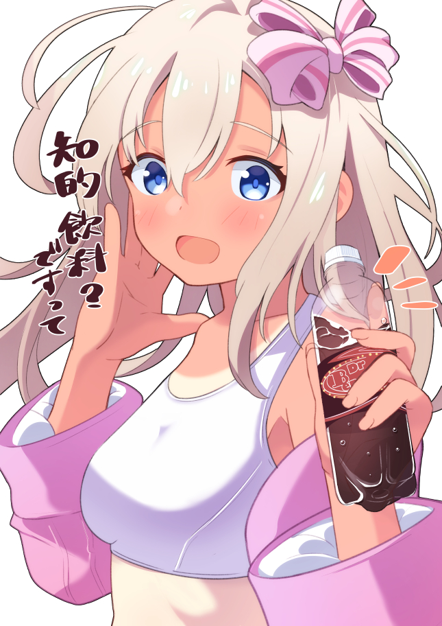 1girl, bikini, blonde_hair, blue_eyes, bottle, bow, commentary_request, jacket
