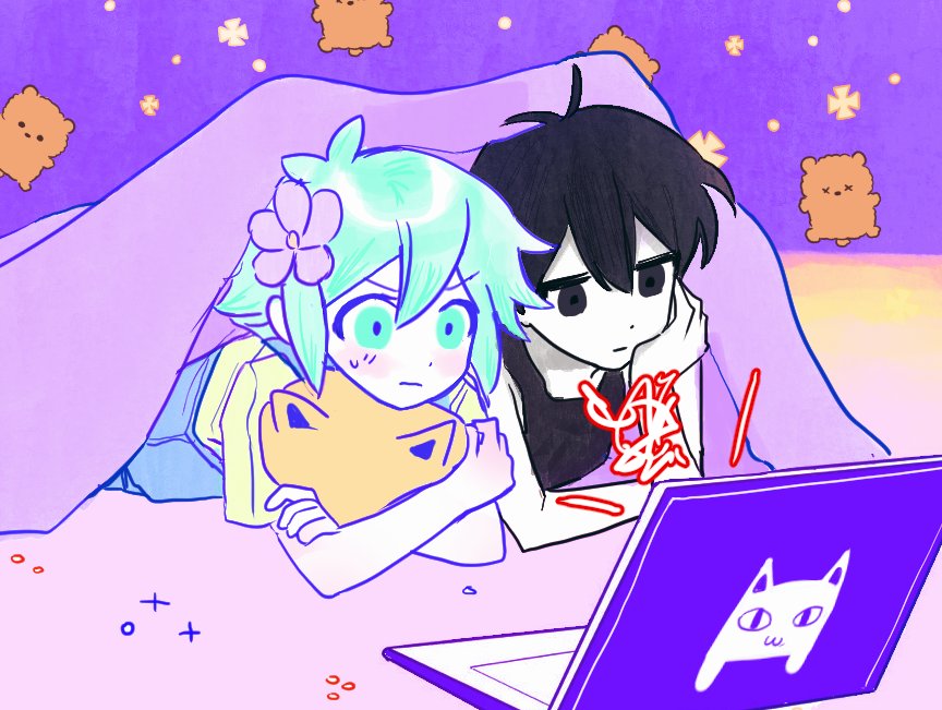 2boys, basil_(headspace)_(omori), basil_(omori), big_yellow_cat_(omori), black_eyes, black_hair, black_tank_top, blanket, blush, bored, computer, flower, green_eyes, green_hair, hair_flower, hair_ornament, hand_on_own_cheek, hand_on_own_face, head_rest, holding, holding_stuffed_toy, laptop, lying, male_focus, multiple_boys, omori, omori_(omori), on_stomach, pink_flower, short_hair, sike_(dvh_04), stuffed_animal, stuffed_cat, stuffed_toy, tank_top, v-shaped_eyebrows
