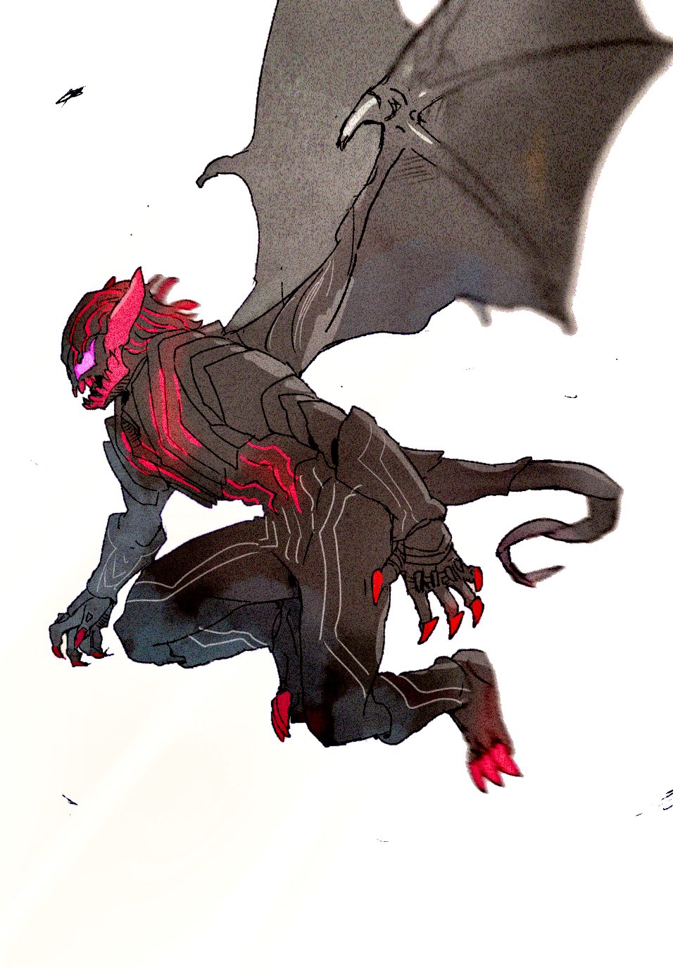 1boy, black_hair, black_wings, commentary_request, demon, demon_boy, demon_wings, evil_eyes, fingernails, flying, full_body, hair_slicked_back, highres, kamen_rider, kamen_rider_revice, meitarou, monster, pink_eyes, profile, sharp_fingernails, sharp_teeth, simple_background, teeth, vail_(kamen_rider_revice), wings