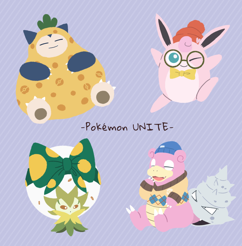 :3, absurdres, arms_up, beanie, berry_(pokemon), black_eyes, blue_eyes, blue_headwear, bottomless, bow, bowtie, brown_sclera, claws, closed_mouth, clothed_pokemon, colored_sclera, copyright_name, eldegoss, eldegoss_(big_ribbon), english_text, fang, fangs, fangs_out, flat_color, full_body, gen_1_pokemon, gen_8_pokemon, glasses, green_bow, hand_to_own_mouth, hand_up, happy, hat, heart, highres, large_bow, leg_up, long_sleeves, looking_at_viewer, miwa_(ahyuck), nintendo, no_humans, one_eye_closed, open_mouth, pawpads, pince-nez, poke_ball_symbol, pokemon, pokemon_(creature), pokemon_unite, polka_dot, polka_dot_bow, purple_background, red_headwear, round_eyewear, shell, simple_background, sitrus_berry, sitting, slowbro, slowbro_(bonfire), smile, snorlax, snorlax_(berry), standing, standing_on_one_leg, striped_background, sweater, traditional_bowtie, white_eyes, wigglytuff, wigglytuff_(bonfire), wink, yellow_bow, yellow_bowtie, yellow_sweater