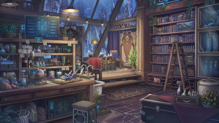 absurdly_detailed_composition, beaker, book, bookshelf, ceiling_light, chemistry, city_lights, cityscape