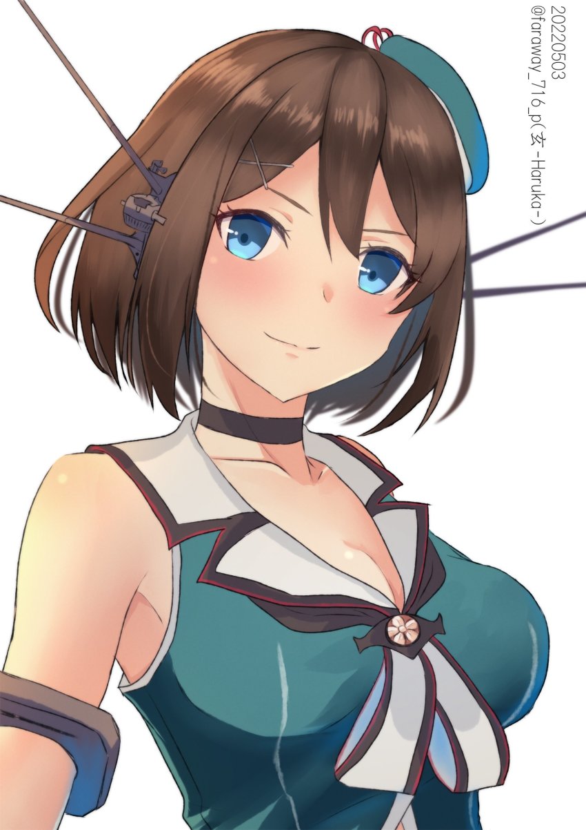 1girl, aqua_hat, beret, black_choker, black_gloves, blue_eyes, breasts, brown_hair