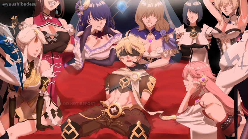 1boy, 6+girls, abs, aether_(genshin_impact), ahoge, arm_support, armpits, arms_behind_back