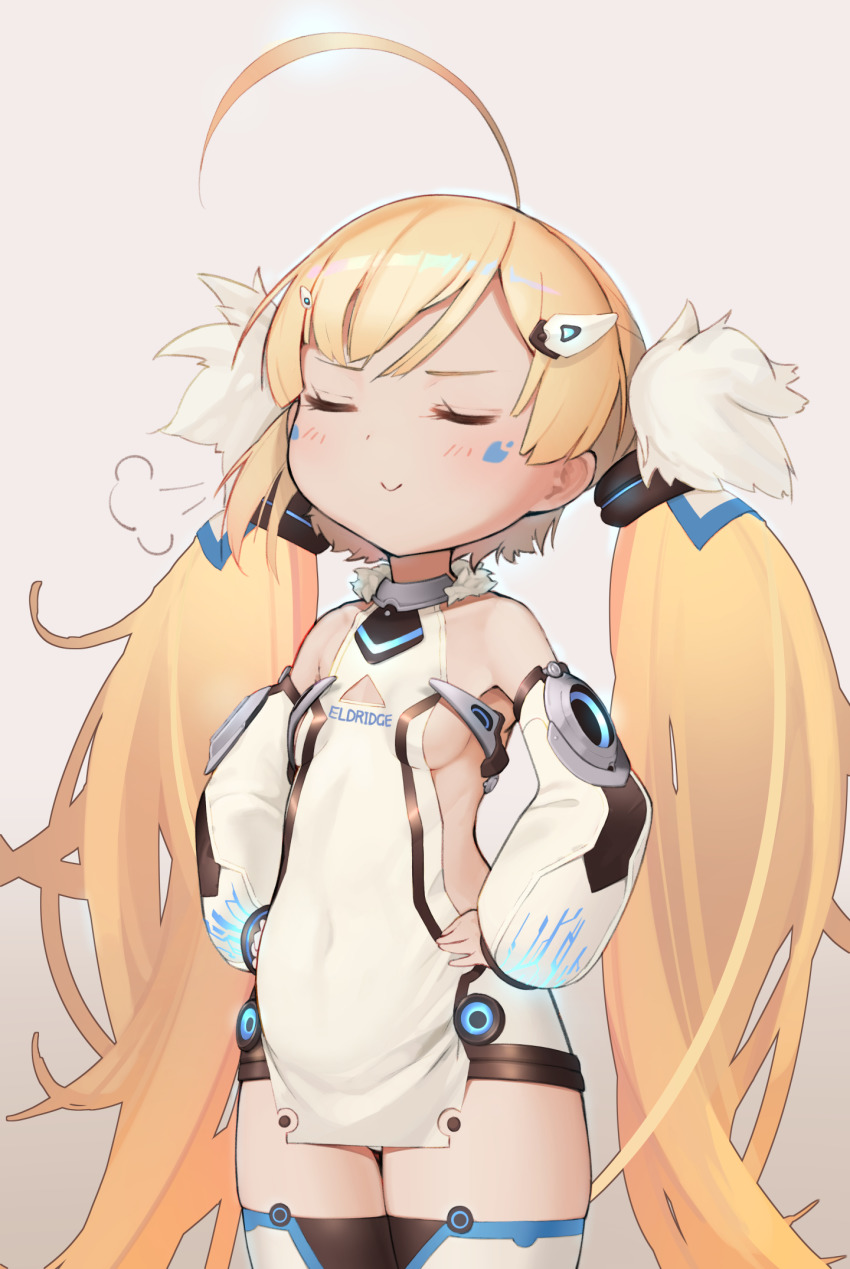 1girl, ahoge, azur_lane, bare_shoulders, blonde_hair, closed_eyes, detached_sleeves, dress, eldridge_(azur_lane), feet_out_of_frame, hair_ornament, hairclip, hands_on_own_hips, highres, long_sleeves, low_twintails, puffy_long_sleeves, puffy_sleeves, simple_background, sleeveless, sleeveless_dress, smug, solo, twintails, white_dress, white_sleeves, yohia