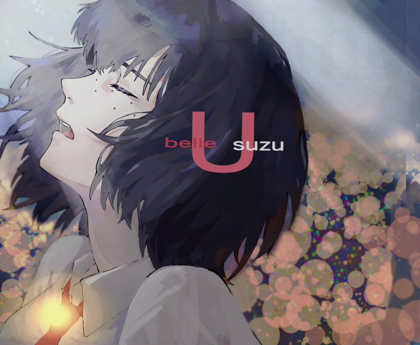 1girl, absurdres, black_hair, english_text, freckles, from_side, highres, miyami_san3