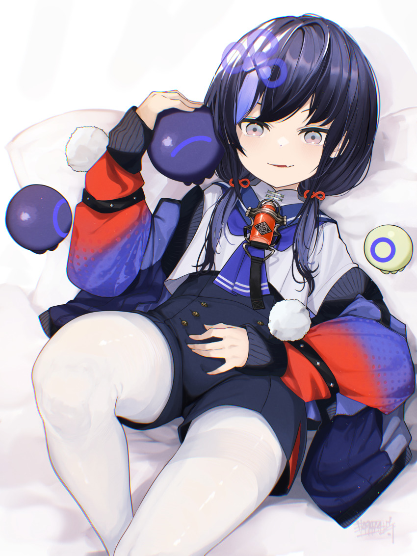 1girl, absurdres, black_hair, blue_hair, blue_jacket, blue_neckerchief, blue_sailor_collar, blue_shorts