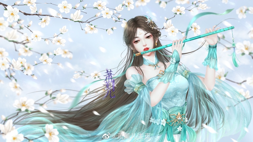 1girl, absurdres, bare_shoulders, blue_dress, blue_sky, brown_hair, choker, doupo_cangqiong