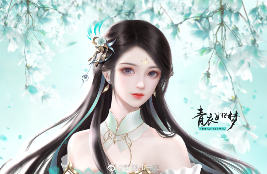 1girl, bare_shoulders, black_hair, branch, choker, doupo_cangqiong, earrings, expressionless, facial_mark, forehead_mark, gu_xun_er_(doupo_cangqiong), hair_ornament, highres, jewelry, long_hair, looking_at_viewer, solo, upper_body, xiao_xun_er_shiguang_lu