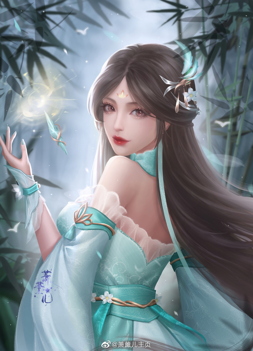 1girl, back, bare_shoulders, blue_dress, brown_hair, choker, crystal, doupo_cangqiong, dress, facial_mark, forehead_mark, frilled_dress, frills, gu_xun_er_(doupo_cangqiong), hair_ornament, highres, light, long_hair, looking_back, sash, solo, xiao_xun_er_shiguang_lu