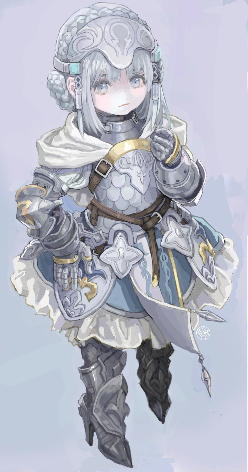 1girl, absurdres, armor, armored_dress, blue_dress, braid, buckle, capelet, closed_mouth, dress, frilled_dress, frills, full_body, gauntlets, greaves, grey_background, grey_eyes, grey_hair, grey_theme, hand_on_own_hip, headpiece, highres, laeticia_(star_ocean), looking_at_viewer, shiren_(ourboy83), short_hair, simple_background, solo, square_enix, standing, star_ocean, star_ocean:_the_divine_force, tabard, tri-ace, white_capelet