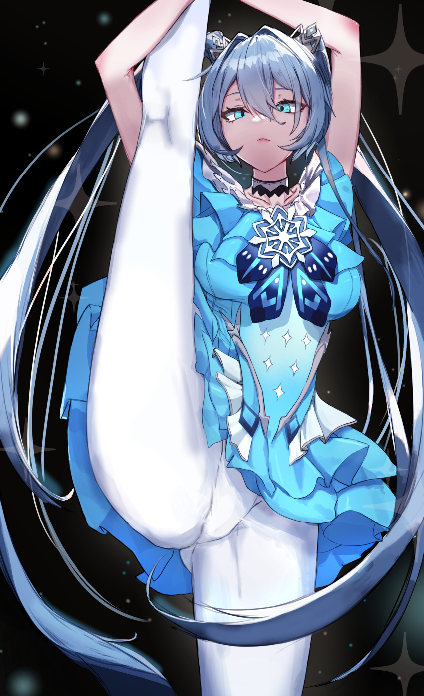 1girl, absurdres, alternate_breast_size, arms_up, black_survival, blue_dress, blue_eyes, breasts, choker, collarbone, detached_collar, dress, elena_(black_survival), eternal_return:_black_survival, eyebrows_hidden_by_hair, figure_skating_dress, hair_between_eyes, hair_intakes, highres, krabking, long_bangs, long_hair, looking_at_viewer, medium_breasts, pantyhose, snowflakes, solo, split, standing, standing_on_one_leg, standing_split, tagme, twintails, very_long_hair, white_hair, white_pantyhose