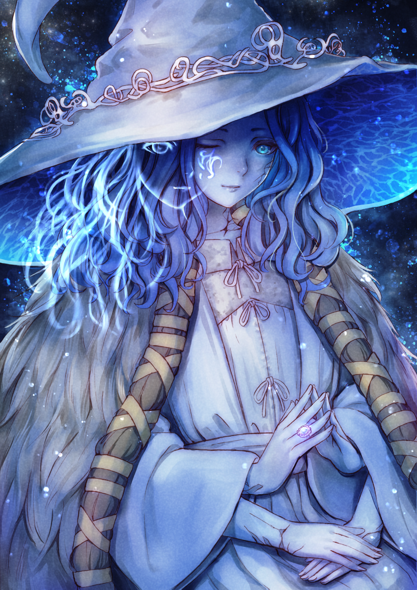 1girl, blue_eyes, blue_hair, blue_skin, blue_theme, cloak, closed_mouth, colored_skin, cracked_skin, doll_joints, dress, elden_ring, extra_arms, extra_faces, fur_cloak, hat, highres, joints, kodue55, long_hair, looking_at_viewer, one_eye_closed, ranni_the_witch, smile, solo, star_(sky), white_dress, white_hat, witch, witch_hat