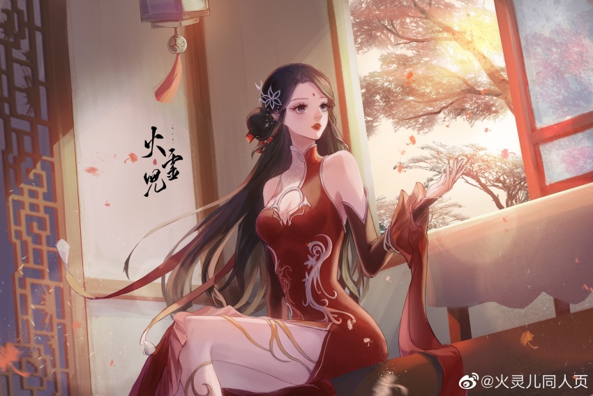 brown_hair, chair, dress, facial_mark, forehead_mark, highres, huo_linger_(wanmei_shijie), huo_linger_tongren_she