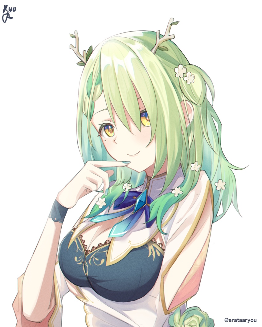 1girl, absurdres, antlers, arata_ryou, arm_under_breasts, braid, braided_bangs, branch