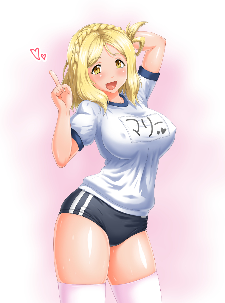 1girl, :d, arm_behind_head, asymmetrical_hair, black_buruma, blonde_hair, blush, braid