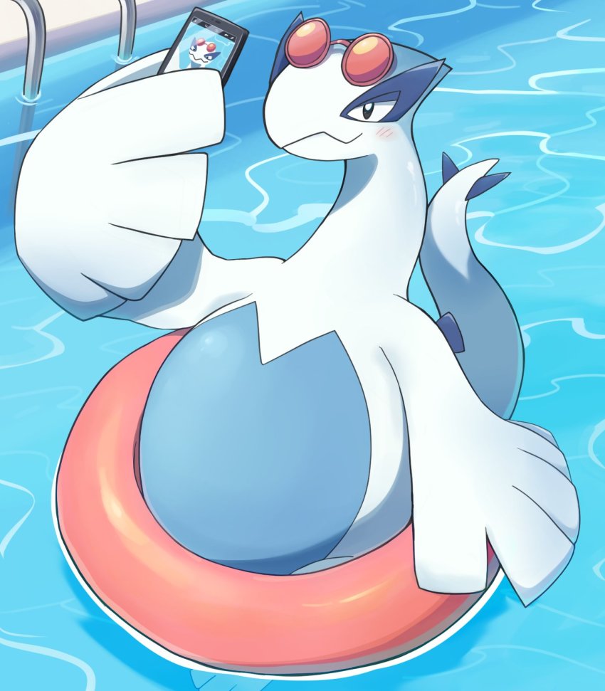 black_eyes, blush, cellphone, closed_mouth, creature, eyewear_on_head, gen_2_pokemon, highres