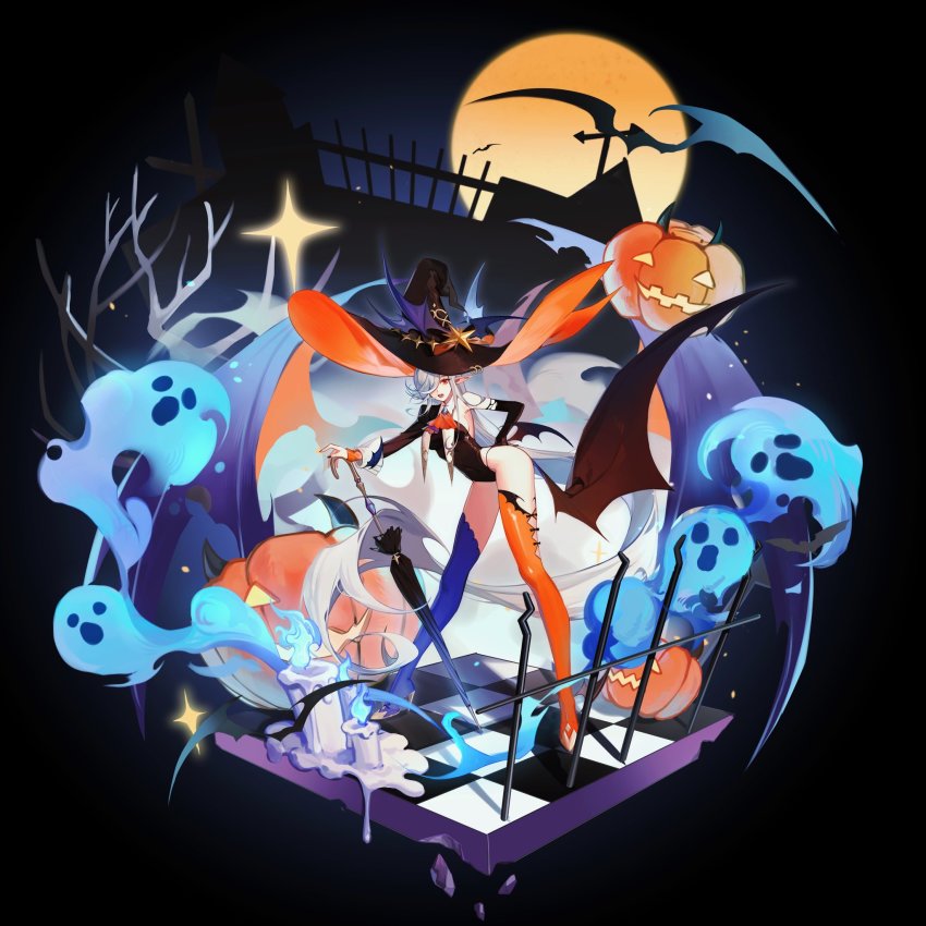 1girl, absurdly_long_hair, asymmetrical_legwear, bat_(animal), bat_wings, black_background, black_gloves, black_hat