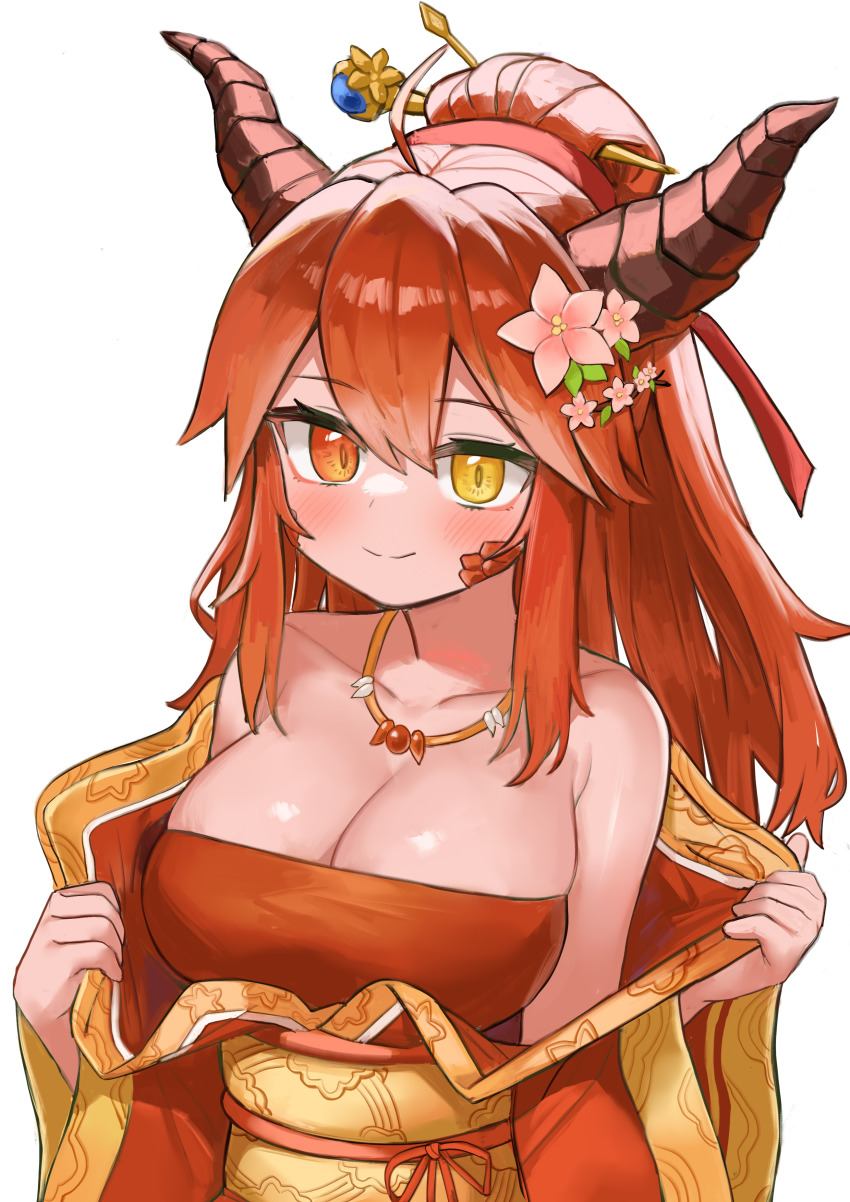1girl, absurdres, ahoge, bare_shoulders, blush, breasts, cleavage, closed_mouth, commission, flower, hair_flower, hair_ornament, hair_stick, heterochromia, highres, horns, japanese_clothes, jewelry, kimono, lapis_(rennyang), large_breasts, long_hair, necklace, obi, off_shoulder, original, pocari_(sq551), ponytail, red_eyes, red_hair, sash, scales, sidelocks, simple_background, smile, solo, undressing, white_background, yellow_eyes
