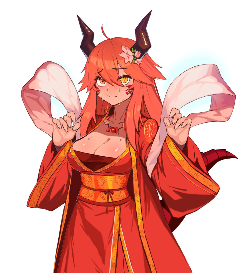 1girl, 3:, absurdres, ahoge, blush, breasts, cleavage, closed_mouth, commission, dragon_tail, embarrassed, flower, hagoromo, hair_between_eyes, hair_flower, hair_ornament, highres, horns, japanese_clothes, jewelry, lapis_(rennyang), large_breasts, long_hair, looking_at_viewer, necklace, obi, orange_hair, original, sash, scales, shawl, sidelocks, simple_background, slit_pupils, solo, sweat, tail, ti_tentacle, white_background, wide_sleeves, yellow_eyes