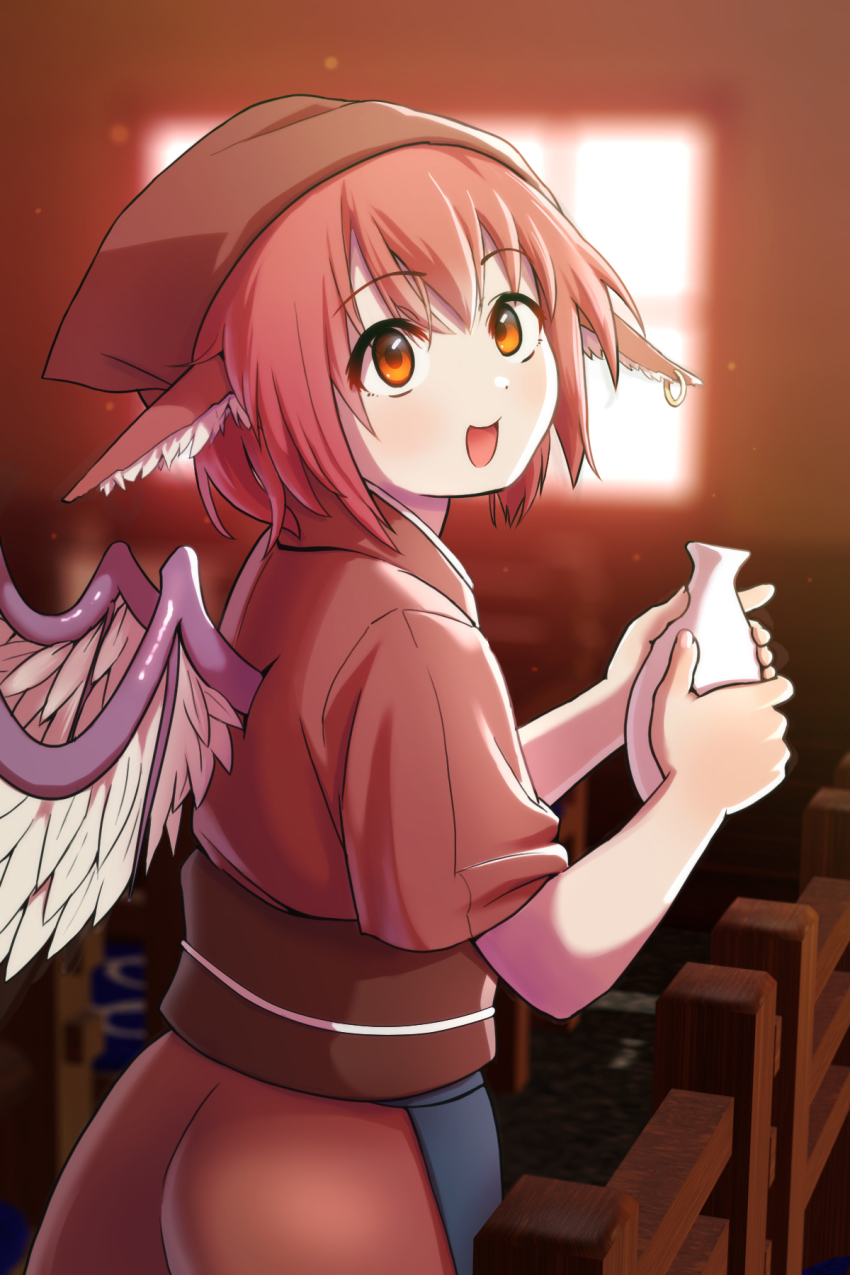 1girl, :d, animal_ears, ass, backlighting, bird_ears, blurry, blurry_background