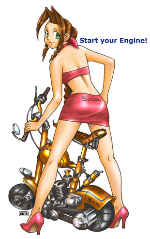 00s, 1girl, 2000s_(style), aerith_gainsborough, alternate_costume, antenna_hair, bare_arms, bare_legs