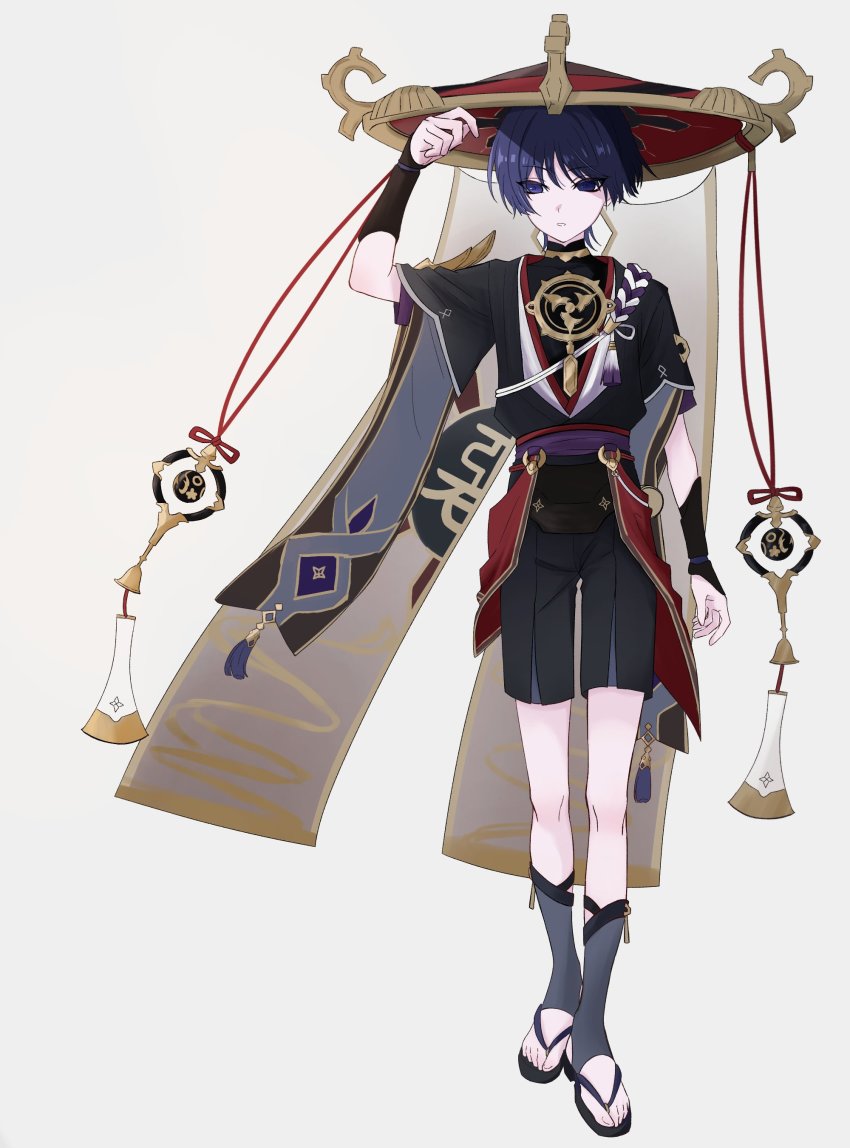 1boy, absurdres, adjusting_clothes, adjusting_headwear, armor, black_shorts, full_body, genshin_impact