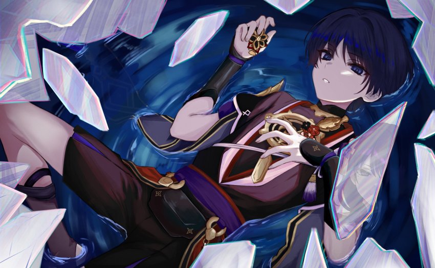 1boy, 1girl, armor, artifact_(genshin_impact), black_shorts, broken_glass, genshin_impact, glass