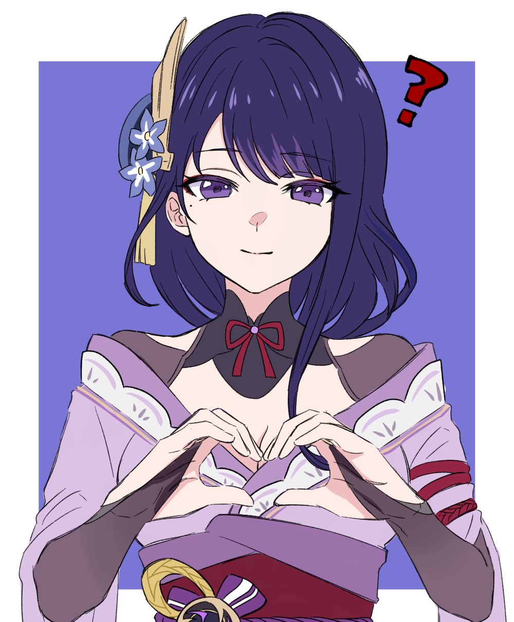 1girl, ?, black_gloves, breasts, bridal_gauntlets, cleavage, flower, genshin_impact, gloves, hair_flower, hair_ornament, heart, heart_hands, highres, ij_xcm4o, japanese_clothes, kimono, long_hair, looking_at_viewer, moe_moe_kyun!, mole, mole_under_eye, purple_eyes, purple_hair, purple_kimono, raiden_shogun, vision_(genshin_impact)