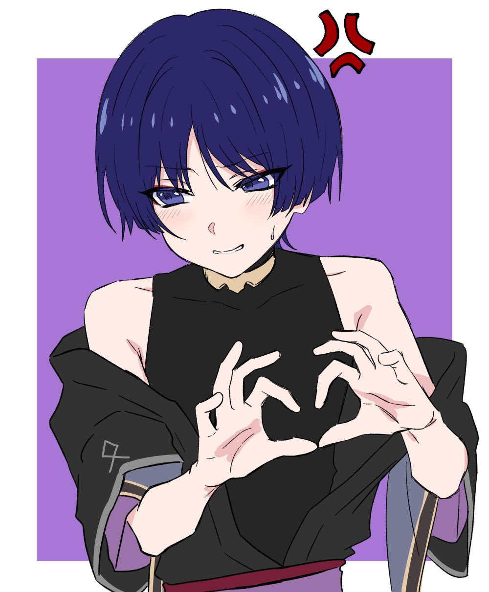 1boy, anger_vein, blush, eyeliner, genshin_impact, heart, heart_hands, highres