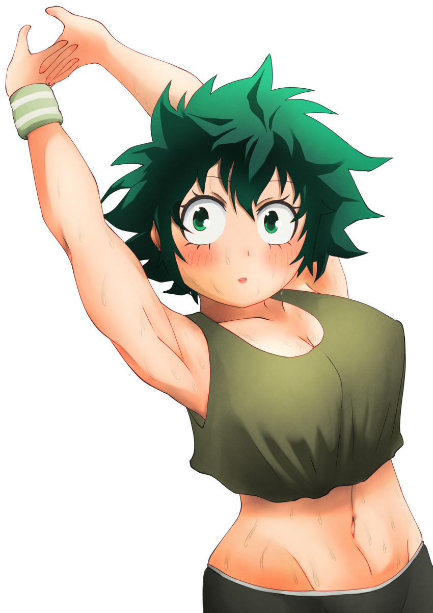 absurdres, boku_no_hero_academia, breasts, cleavage, eye_contact, facing_viewer, genderswap, genderswap_(mtf), highres, karamell, large_breasts, looking_at_another, looking_at_viewer, midoriya_izuku, open_mouth, simple_background, sweat, undefined, white_background