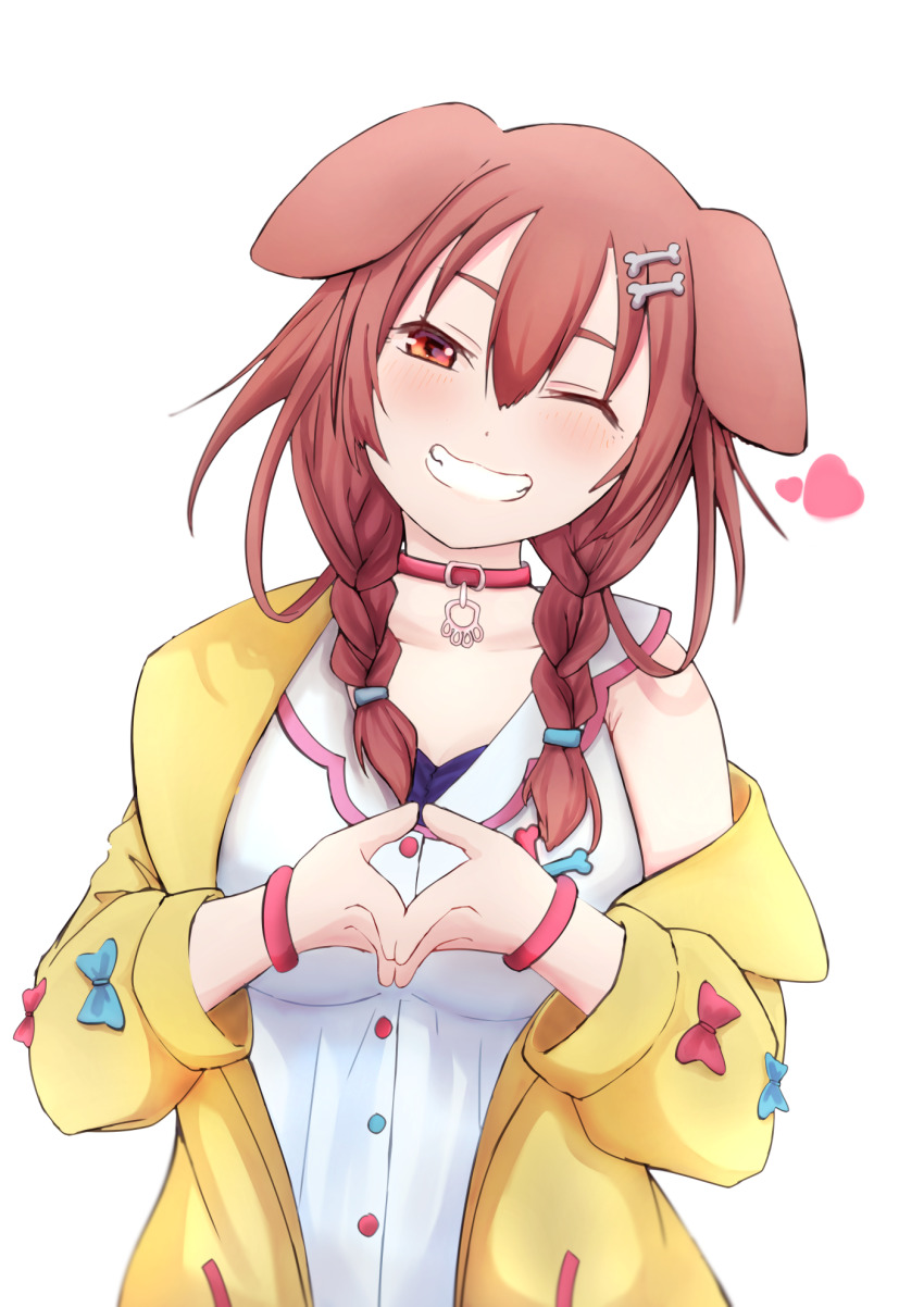 1girl, :3, animal_collar, animal_ears, bone_hair_ornament, braid, breasts, brown_eyes