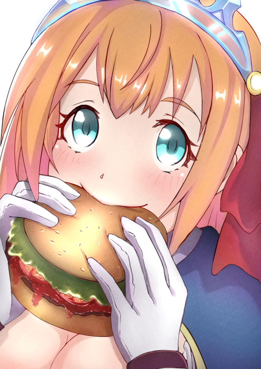 1girl, blue_eyes, breasts, burger, cleavage, food, hair_ribbon, highres