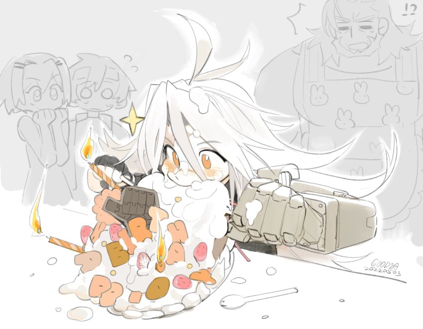 !?, 2boys, 2girls, ^^^, alchemy_stars, antenna_hair, apron, artist_name