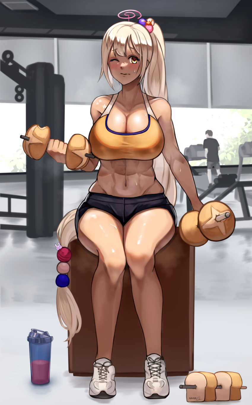 1girl, abs, absurdres, bare_shoulders, beads, black_shorts, blonde_hair, blush, bread, breasts, cleavage, closed_mouth, collarbone, dark-skinned_female, dark_skin, dumbbell, food, full_body, gym, hair_beads, hair_ornament, highres, hololive, hololive_english, indoors, large_breasts, long_hair, midriff, nannachu7, navel, one_eye_closed, platinum_blonde_hair, ponytail, shoes, shorts, sitting, sleeveless, sneakers, solo, sports_bra, steam, sweat, tsukumo_sana, very_long_hair, virtual_youtuber, white_shoes, wink, yellow_eyes