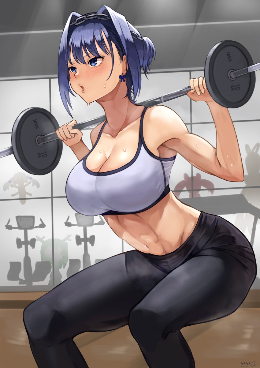 1girl, absurdres, barbell, bare_shoulders, black_leggings, blue_eyes, blue_hair, blush