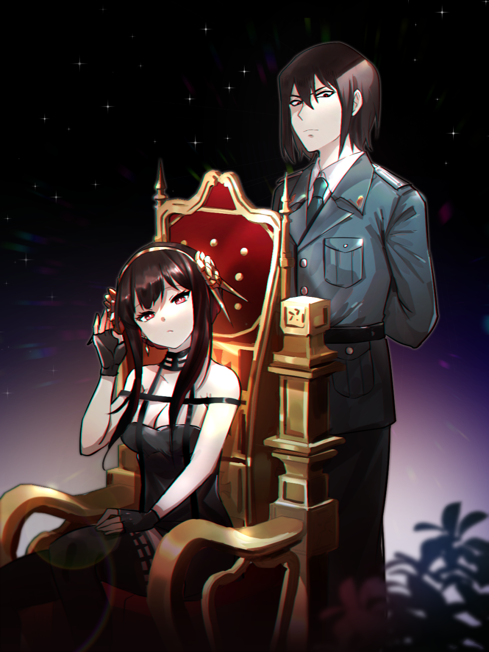 1boy, 1girl, arms_behind_back, belt, black_belt, black_dress, black_hair, black_thighhighs, blue_necktie, blush, breasts, brother_and_sister, cleavage, closed_mouth, collarbone, collared_shirt, dress, eyelashes, fingerless_gloves, flower, gloves, gold_hairband, gradient_background, hair_flower, hair_ornament, hairband, highres, looking_at_viewer, military, military_uniform, nako_(unclebanana), narrowed_eyes, necktie, on_throne, red_eyes, rose, shirt, short_hair_with_long_locks, siblings, sidelocks, sitting, sleeveless, sleeveless_dress, spy_x_family, standing, strapless, strapless_dress, thighhighs, throne, wing_collar, yor_briar, yuri_briar, zettai_ryouiki
