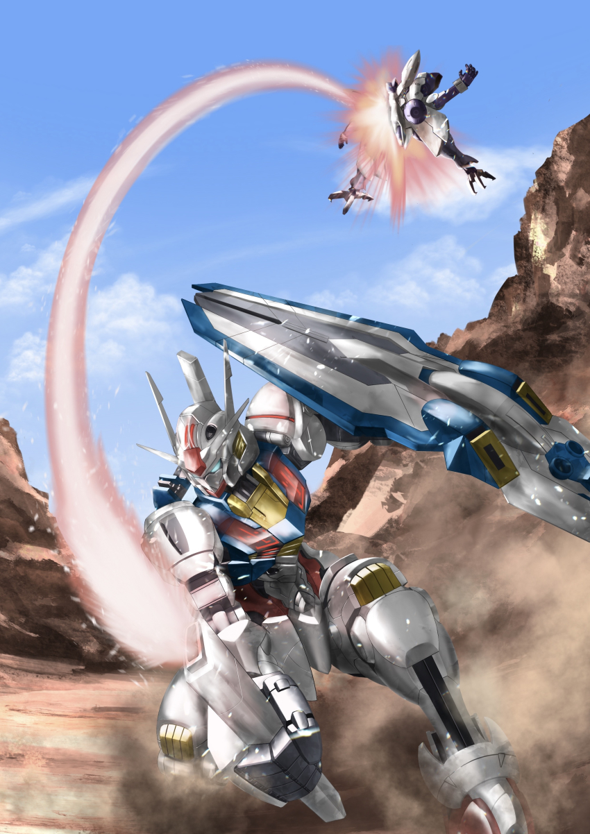495032158, absurdres, battle, energy_sword, beguir-beu, blue_eyes, cloud, cloudy_sky, commentary, destruction, gundam, gundam_aerial, gundam_suisei_no_majo, highres, mecha, mobile_suit, mountain, no_humans, robot, shield, sky, slashing, sword, v-fin, weapon