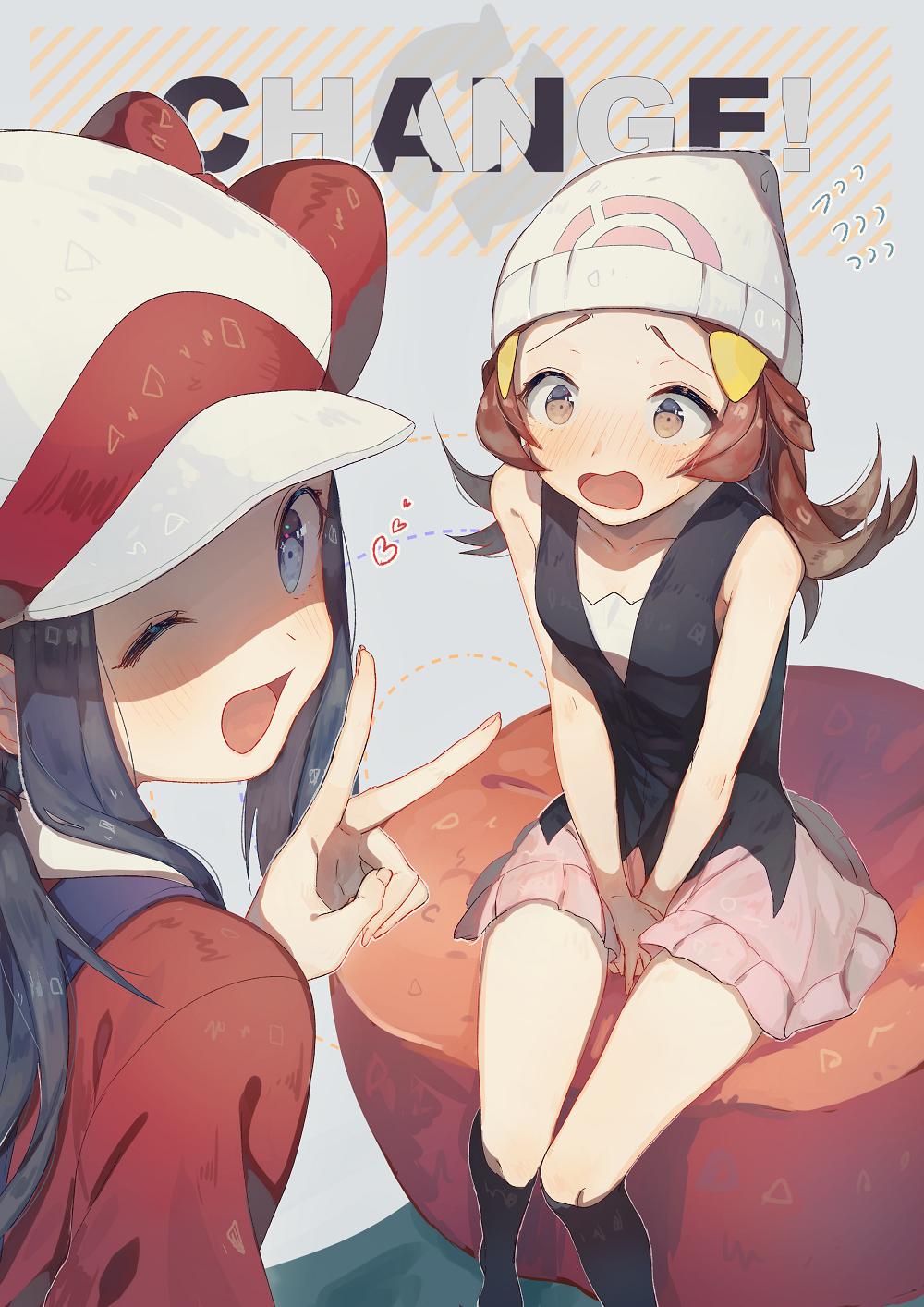 2girls, bad_id, bad_twitter_id, blue_eyes, blue_hair, blush, brown_eyes, brown_hair, clothes, cosplay, costume_switch, dawn_(pokemon), dress, fidgeting, fingernails, hair_ornament, hairpin, happy, hat, headgear, heart, highres, jewelry, kneehighs, long_hair, lyra_(pokemon), multiple_girls, nakaba_(mode), nintendo, one_eye_closed, open_mouth, pillow, pokemon, pokemon_diamond/pearl/platinum, pokemon_heartgold_and_soulsilver, ponytail, short_hair, shy, sitting, skirt, socks, suspenders, thighs, v, wink