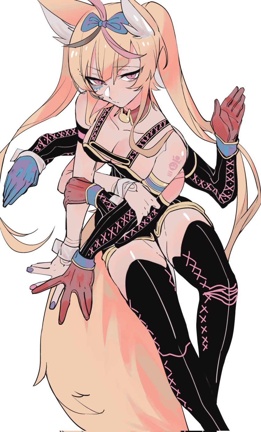 1girl, ahoge, animal_ears, asymmetrical_gloves, black_dress, black_hair, black_thighhighs, blonde_hair