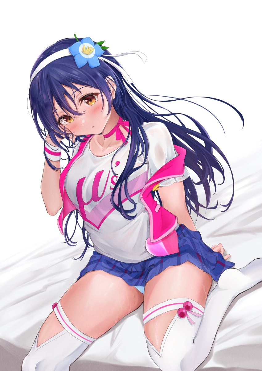 1girl, :o, absurdres, adjusting_hair, arm_support, bed_sheet, blue_flower, blue_hair