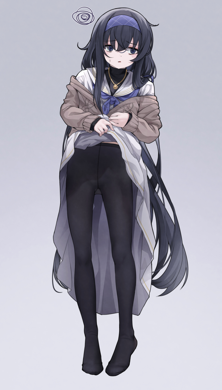 1girl, absurdres, bags_under_eyes, black_hair, black_pantyhose, black_sweater, blue_archive, blue_bow