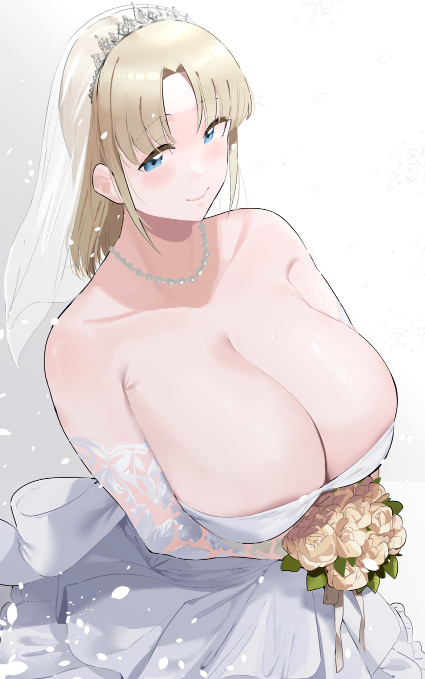 1girl, bare_shoulders, blonde_girl_(okpriko), blonde_hair, blue_eyes, bouquet, breasts, cleavage, closed_mouth, collarbone, commentary, dress, elbow_gloves, english_commentary, flower, gloves, highres, holding, holding_bouquet, huge_breasts, jewelry, looking_at_viewer, medium_hair, necklace, okpriko, original, parted_bangs, pearl_necklace, simple_background, smile, solo, tiara, veil, wedding_dress, white_background, white_dress, white_gloves