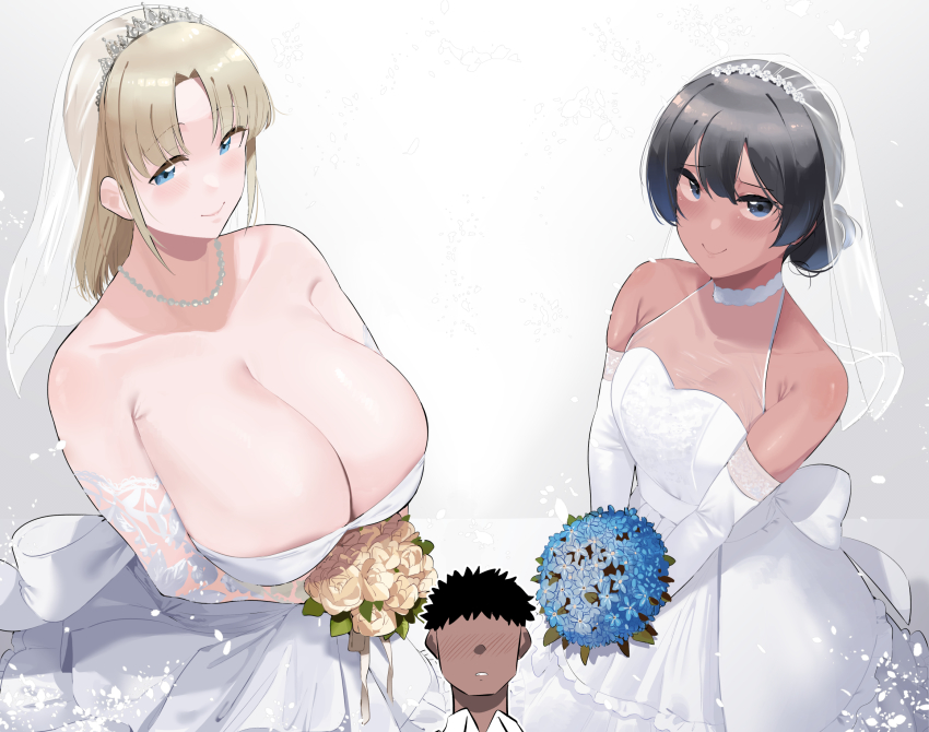 1boy, 2girls, bare_shoulders, black_hair, blonde_girl_(okpriko), blonde_hair, blue_eyes, blush, bouquet, breasts, bridal_veil, cleavage, closed_mouth, collarbone, commentary, dark-skinned_female, dark-skinned_male, dark_skin, dress, elbow_gloves, english_commentary, faceless, flower, gloves, gradient_background, hair_between_eyes, highres, holding, holding_bouquet, huge_breasts, jewelry, looking_at_viewer, medium_hair, multiple_girls, necklace, nose_blush, okpriko, original, parted_bangs, pearl_necklace, see-through_clothes, simple_background, small_breasts, smile, thai_girl_(okpriko), tiara, veil, wedding_dress, white_background, white_dress, white_gloves